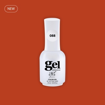 Frasco branco de gel verniz unhas número 088 com rótulo preto sobre fundo laranja