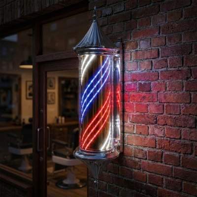 Poste de cabeleireiro iluminado com luzes LED e parede de tijolo