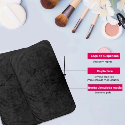 Toalha preta de microfibra com acessórios de maquilhagem e texto explicativo em português