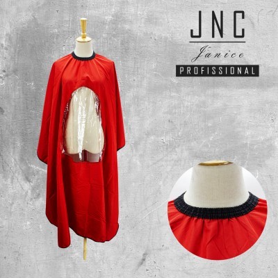 Capa vermelha para cabeleireiro com abertura transparente e gola preta elástica