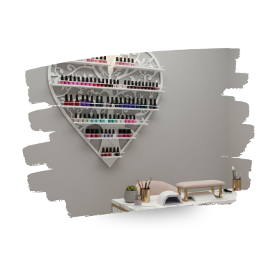 Suporte de verniz de unhas em forma de coração e mesa de manicure com ferramentas