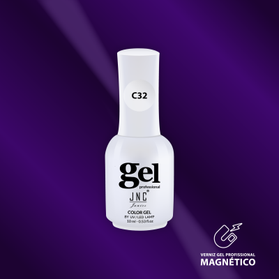 Frasco branco de verniz gel profissional magnético com texto preto em fundo roxo