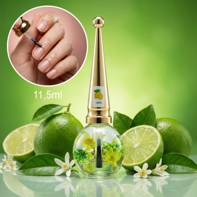 Frasco de verniz transparente para unhas com tampa dourada e limão verde ao fundo