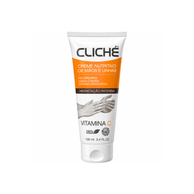 Frasco branco de creme nutritivo para mãos e unhas da marca CLICHÉ com detalhes em laranja