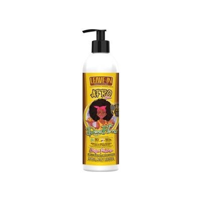 Frasco branco com tampa de bomba preta e rótulo amarelo de Leave-In para cabelo Afro Dona Flora