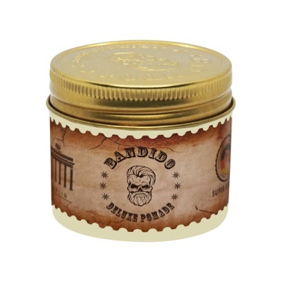 Frasco de pomada para cabelo Bandido Deluxe Pomade com rótulo castanho e tampa dourada