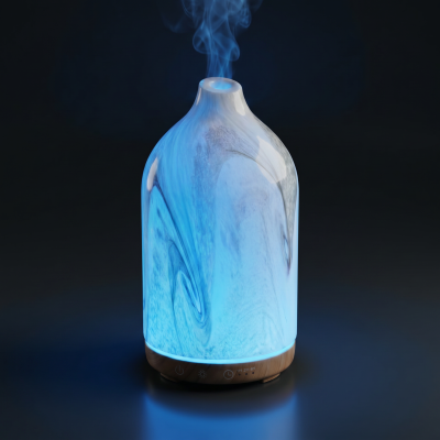 Difusor de aroma em vidro branco com base de madeira e luz azul