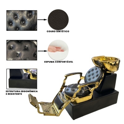 Cadeira de salão preta com detalhes dourados e lavatório