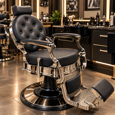 Cadeira de barbeiro preta acolchoada com estrutura metálica dourada em salão de barbearia.