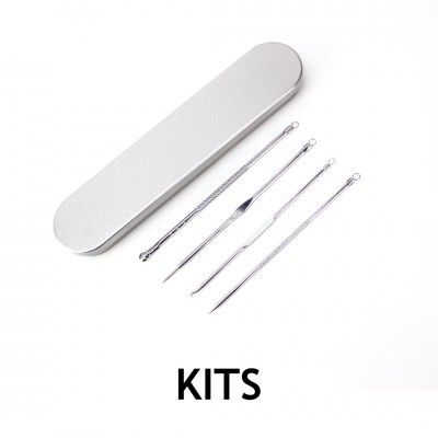 Conjunto de ferramentas metálicas para cuidados de pele com caixa prateada