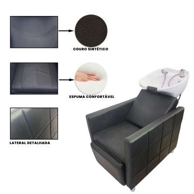 Cadeira de lavagem preta para salão com cuba branca e detalhes em couro sintético