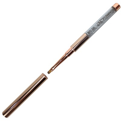 Pincel para unhas com cabo prateado e detalhes metálicos cor de cobre