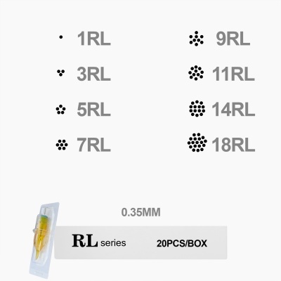 Amostra de agulhas para tatuagem RL series com vários formatos e embalagem mostrando 20 unidades por caixa