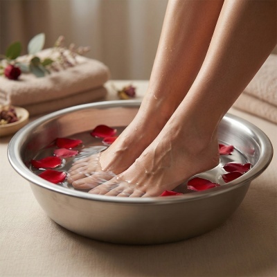 Pés em bacia de aço inoxidável com água e pétalas vermelhas