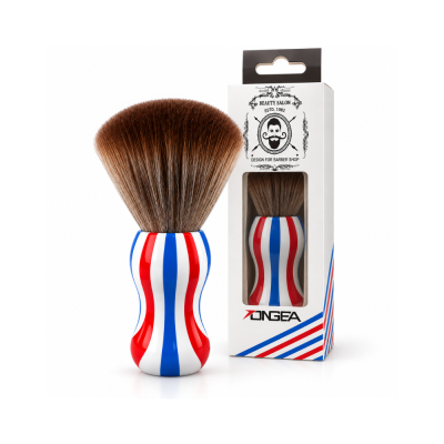Pincel de barbear com cabo às riscas vermelhas, brancas e azuis junto a embalagem branca com design clássico e texto