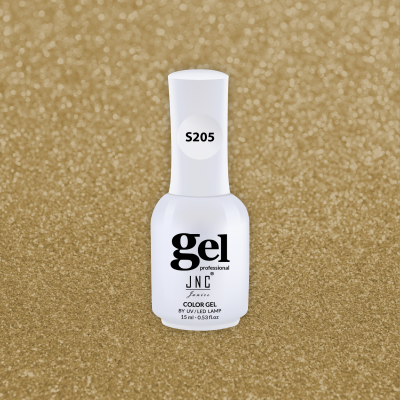 Frasco branco de verniz gel JNC com etiqueta S205 em fundo dourado glitter
