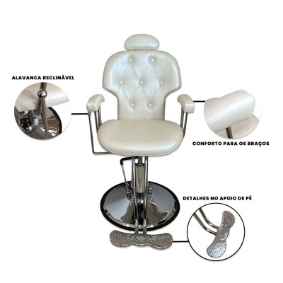 cadeira reclinável branca com apoios de braço e apoio de pé em metal