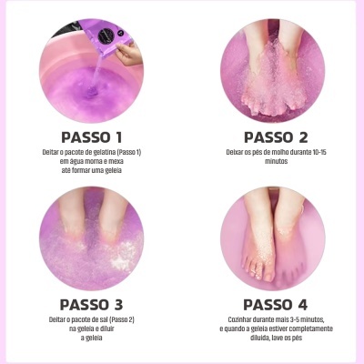 Instruções em quatro passos para uso de gelatina para os pés com imagens illustrativas