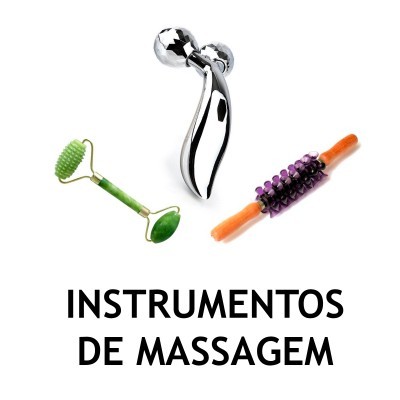 Três instrumentos de massagem em fundo branco com texto INSTRUMENTOS DE MASSAGEM