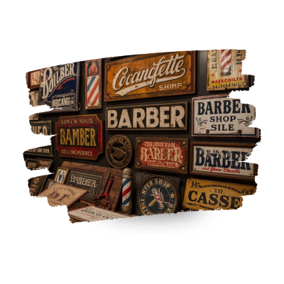 Painéis de madeira vintage para barbearia com textos e ícones