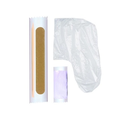 Conjunto de sacos para lixo com suporte branco, sacos transparentes, palito de madeira e tira de lixa castanha