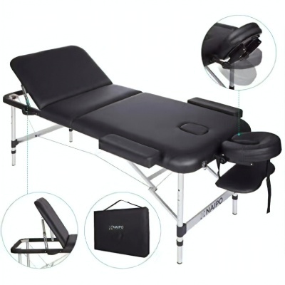 Cama de massagem portátil com estofos pretos e estrutura metálica.
