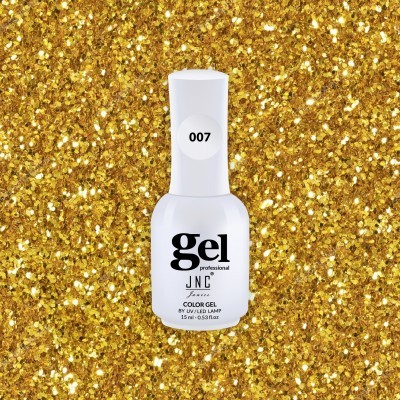Frasco branco de verniz gel para unhas JNC com número 007 sobre fundo dourado brilhante
