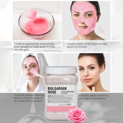 Passos para aplicar máscara facial Bulgarian Rose em gel rosa com frasco plástico e rosto de mulher com máscara aplicada