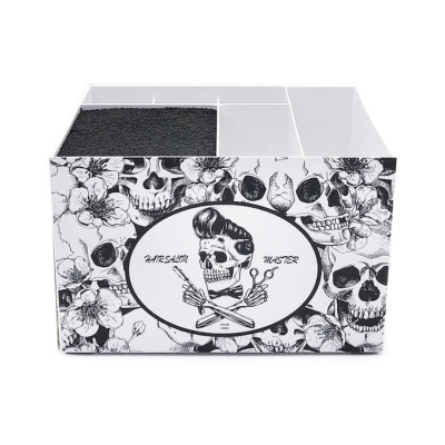 Caixa organizadora com padrão de caveiras e flores, divisões internas e ilustração central com texto HAIRSLAM MASTER