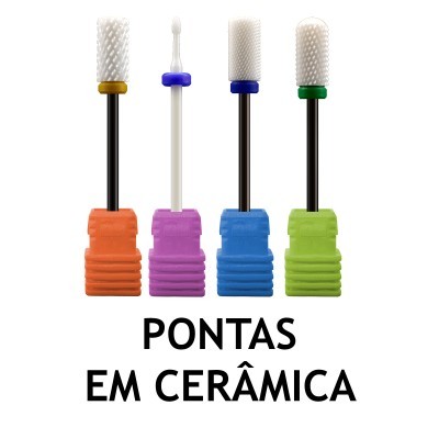 Quatro pontas de cerâmica para manicure com bases coloridas e texto PONTAS EM CERÂMICA