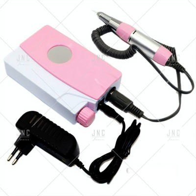 Aparelho elétrico para manicure rosa e branco com broca prateada e adaptador preto