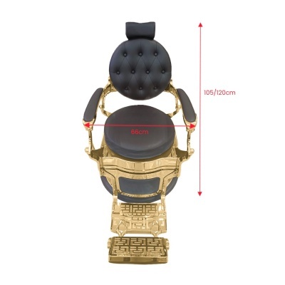 Cadeira de barbeiro dourada com estofos pretos almofadados