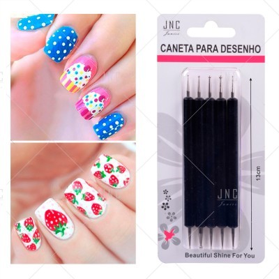 Unhas decoradas com desenhos coloridos e embalagem de canetas de desenho