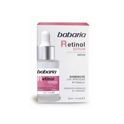 Sérum de retinol Babaria com caixa branca e rosa e conta-gotas