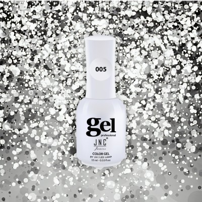 Frasco de verniz gel branco com etiqueta e fundo prateado brilhante