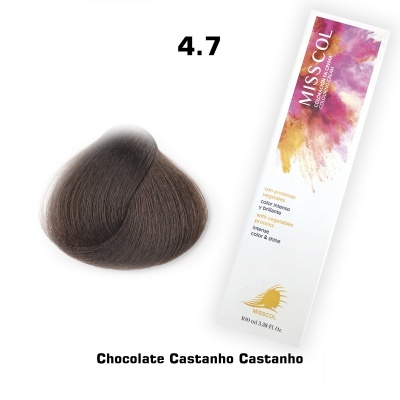 Muestra de color de cabello y caja de coloración MISS COL 4.7 chocolate castanho