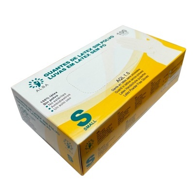 Caixa de luvas de látex sem pó, tamanho pequeno, marca ALBA, em caixa branca e amarela.