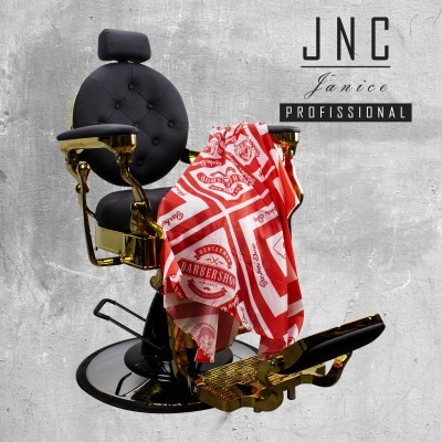 Cadeira de barbeiro profissional dourada com estofado preto e capa vermelha e branca