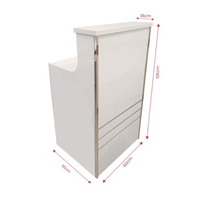 Balcão branco com dimensões marcadas em fundo branco