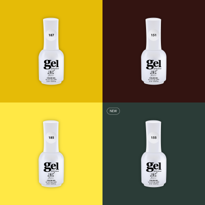 Quatro frascos de verniz gel branco com números e texto preto em fundos coloridos