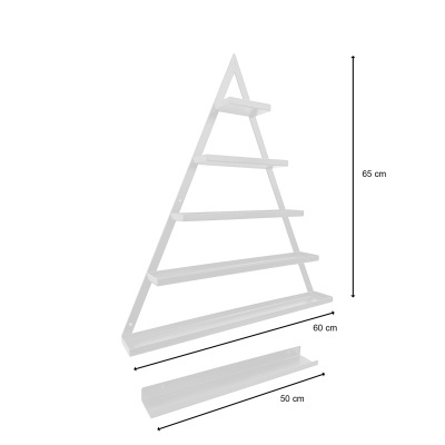 Estante triangular branca de parede com cinco prateleiras e dimensões indicadas.