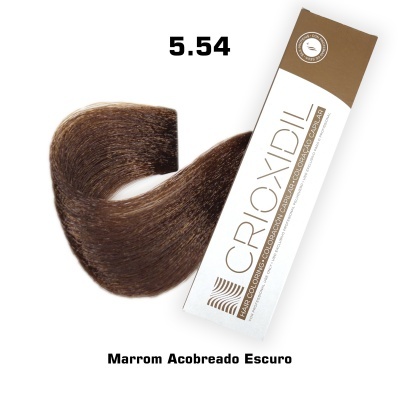 Embalagem tinta cabelo Crododil 5.54 Marrom Acobreado Escuro com amostra de cabelo castanho acobreado