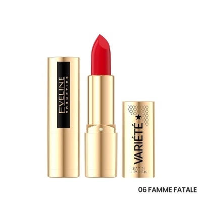 Batom vermelho num estojo dourado com texto EVELINE COSMETICS e VARIÉTÉ SATIN LIPSTICK