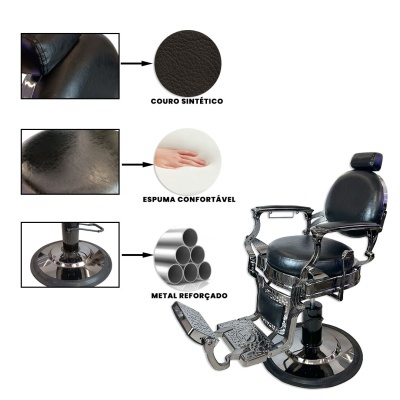 Cadeira de barbeiro preta com couro sintético, espuma e metal reforçado