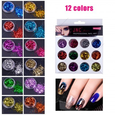 Conjunto de 12 potes de glitter colorido para decoração de unhas com embalagem e unhas decoradas