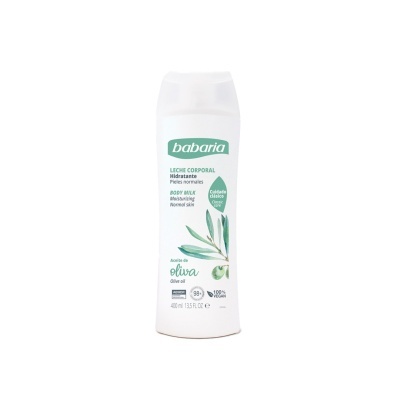 Frasco branco de leite corporal hidratante Babaria com óleo de oliva
