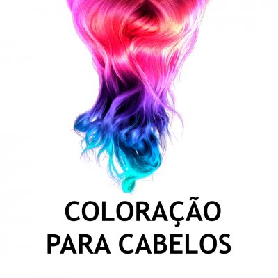 Mecha de cabelo colorido de rosa a azul com texto 'COLORAÇÃO PARA CABELOS'