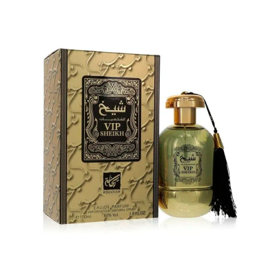 Frasco dourado de perfume VIP SHEIKH com caixa dourada decorada