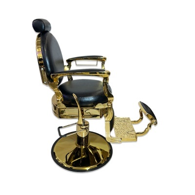 cadeira de barbeiro metálica dourada com estofos pretos