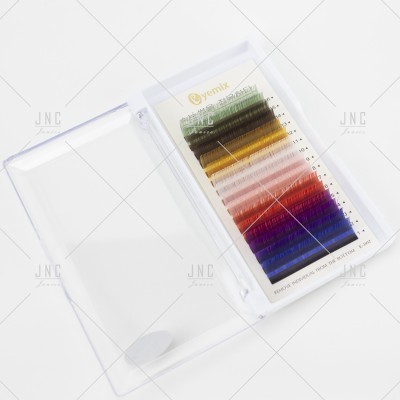 Estojo transparente com extensões de pestanas coloridas organizadas em faixas